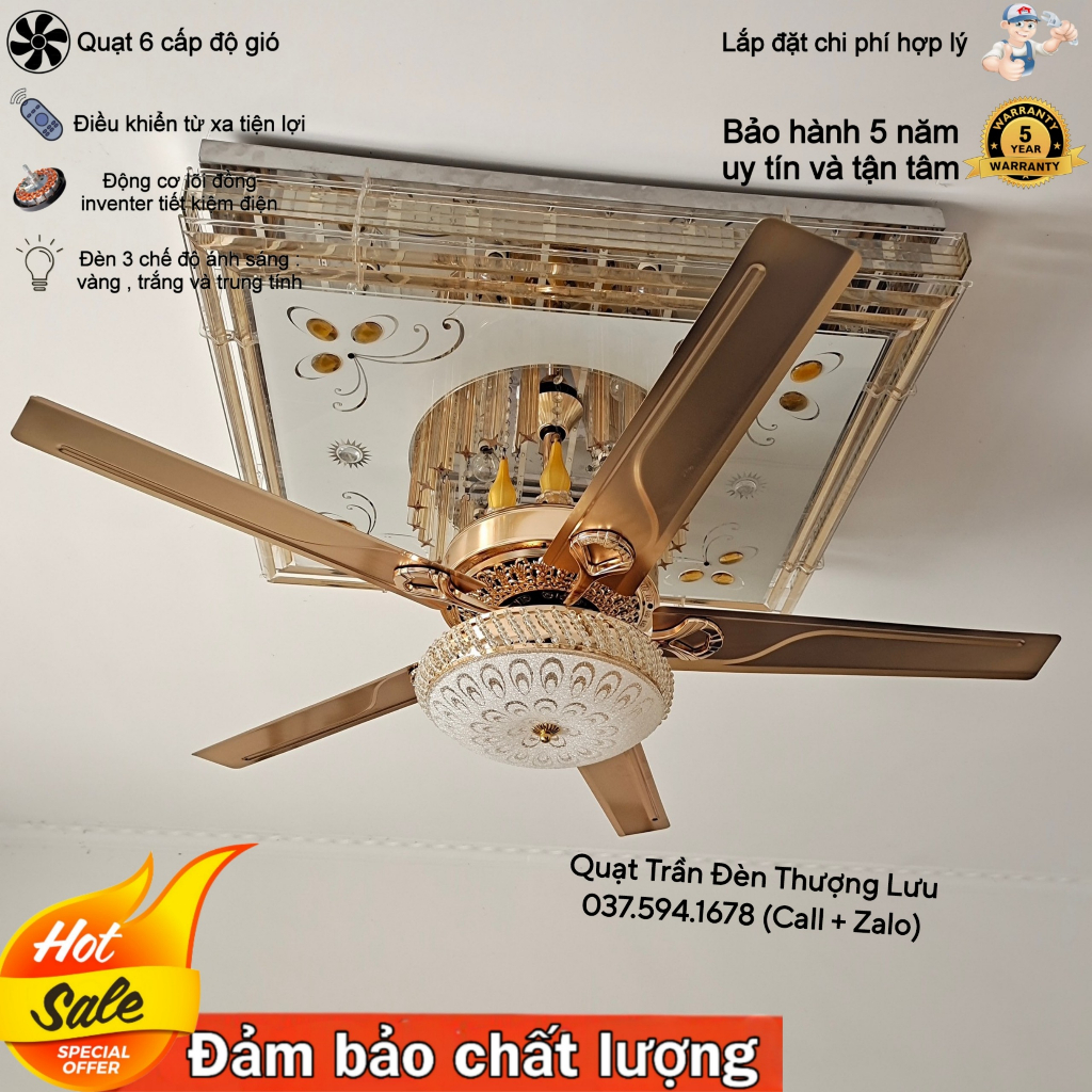 Quạt Trần Đèn, Quạt Trần 5 Cánh K258, 6 Cấp Độ Gió, 3 Chế Độ Đèn, Điều Khiển Từ Xa