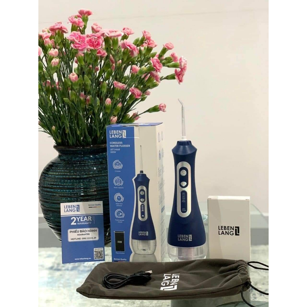 Máy Tăm nước   Lebenlang LBT1486W, màu trắng,  3 chế độ phun, 5 đầu tăm tặng kèm túi vải bảo hành 24 tháng chính hãng