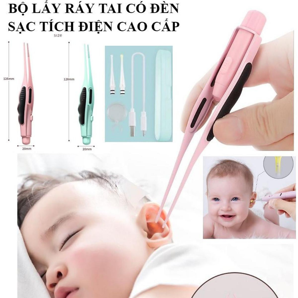 Bộ lấy ráy tai có đèn cho bé, dụng cụ ngoáy tai có đèn led kính lúp đầu silicon an toàn trẻ em