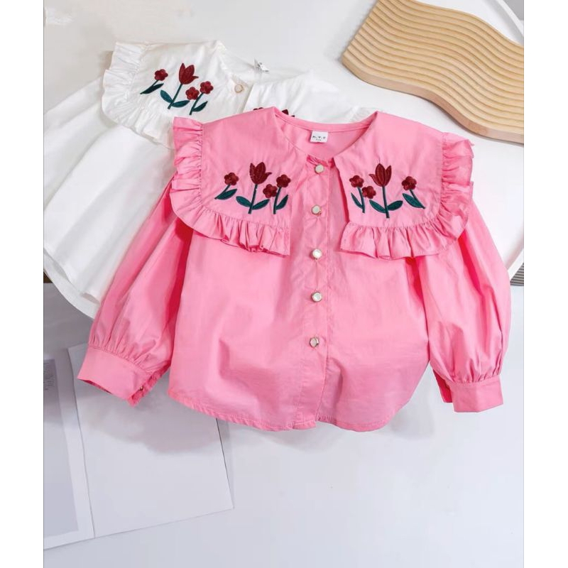 Áo  somi cổ tiểu thư thêu hoa tay bồng xinh xắn bé gái