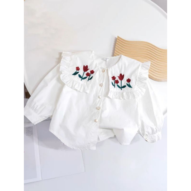 Áo  somi cổ tiểu thư thêu hoa tay bồng xinh xắn bé gái