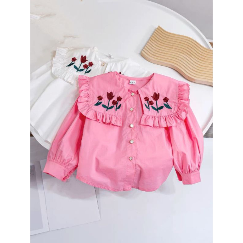 Áo  somi cổ tiểu thư thêu hoa tay bồng xinh xắn bé gái