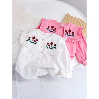 Áo somi cổ tiểu thư thêu hoa tay bồng xinh xắn bé gái