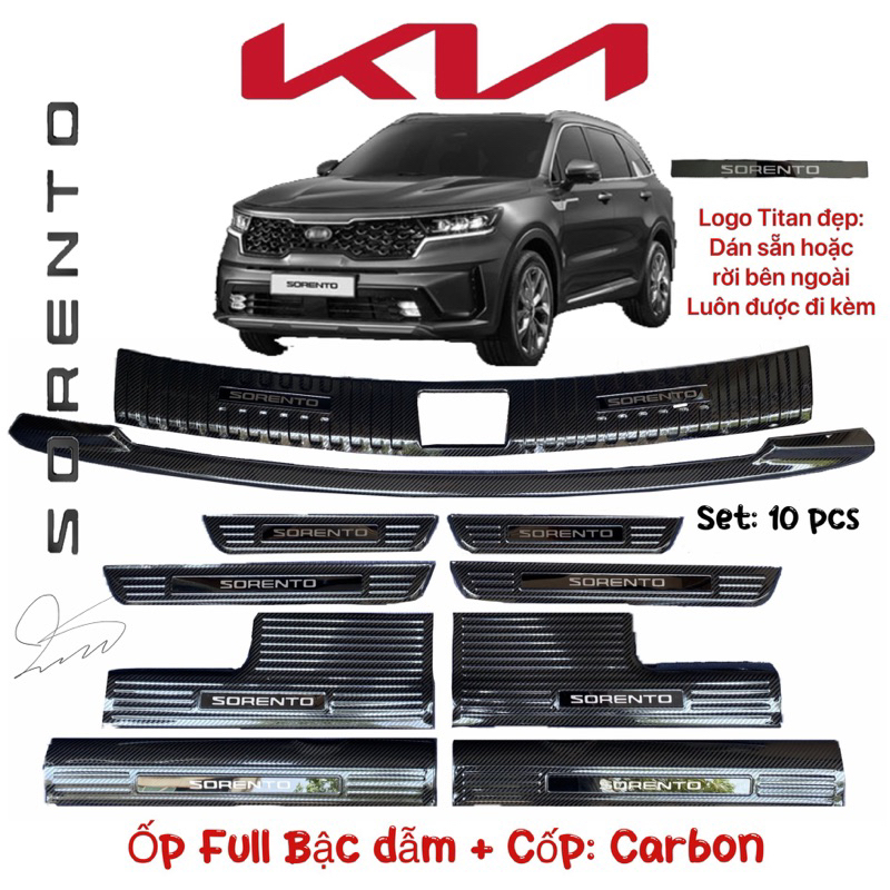 Ốp Nẹp bước chân Chống trầy Cốp xe Kia Sorento 2021 2022 2023 2024 Carbon đủ logo đẹp kèm chống xước Phụ kiện dán