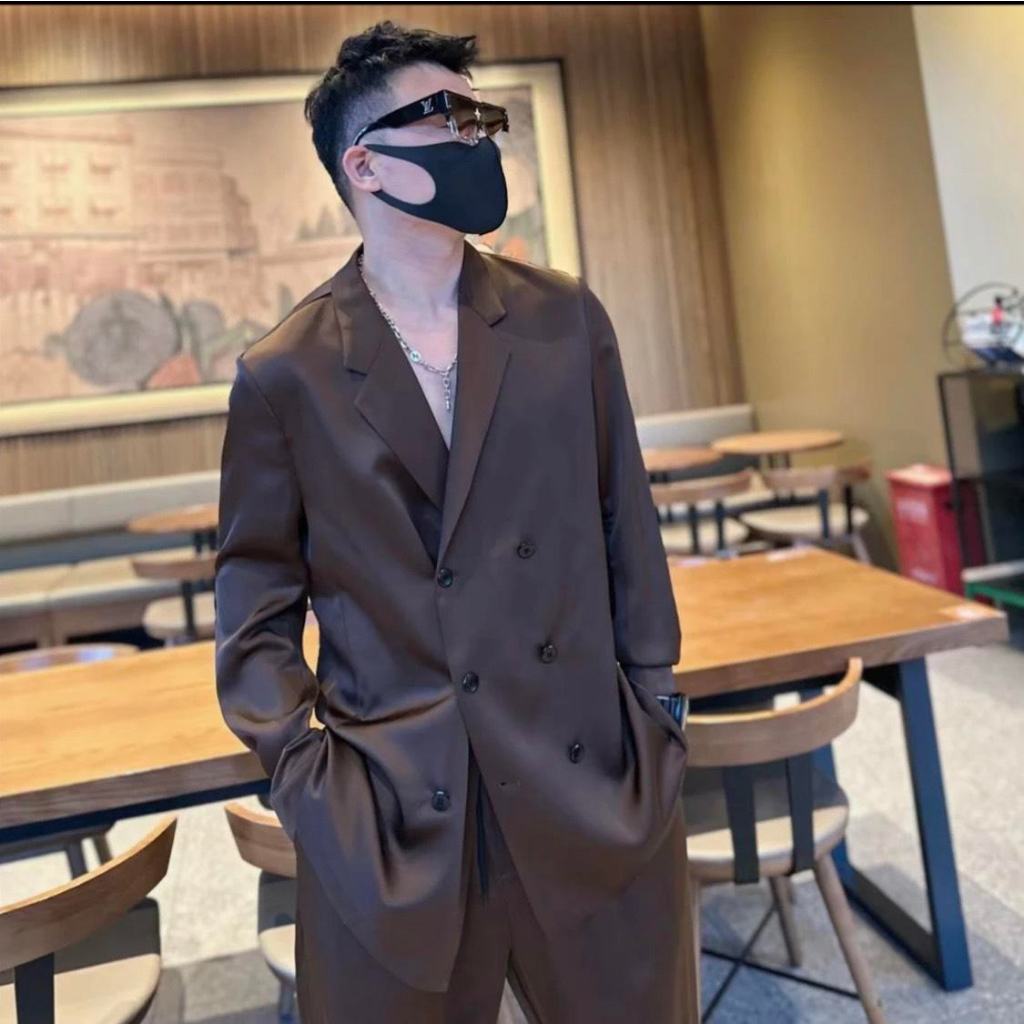 Bộ Vest V.A fashion local brand vãi mango bóng dầy 6 nút Trơn