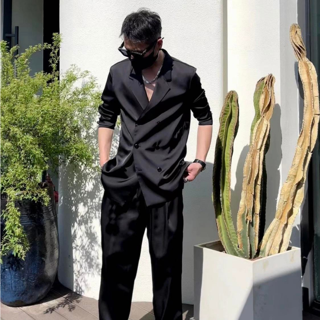 Bộ Vest V.A fashion local brand vãi mango bóng dầy 6 nút Trơn