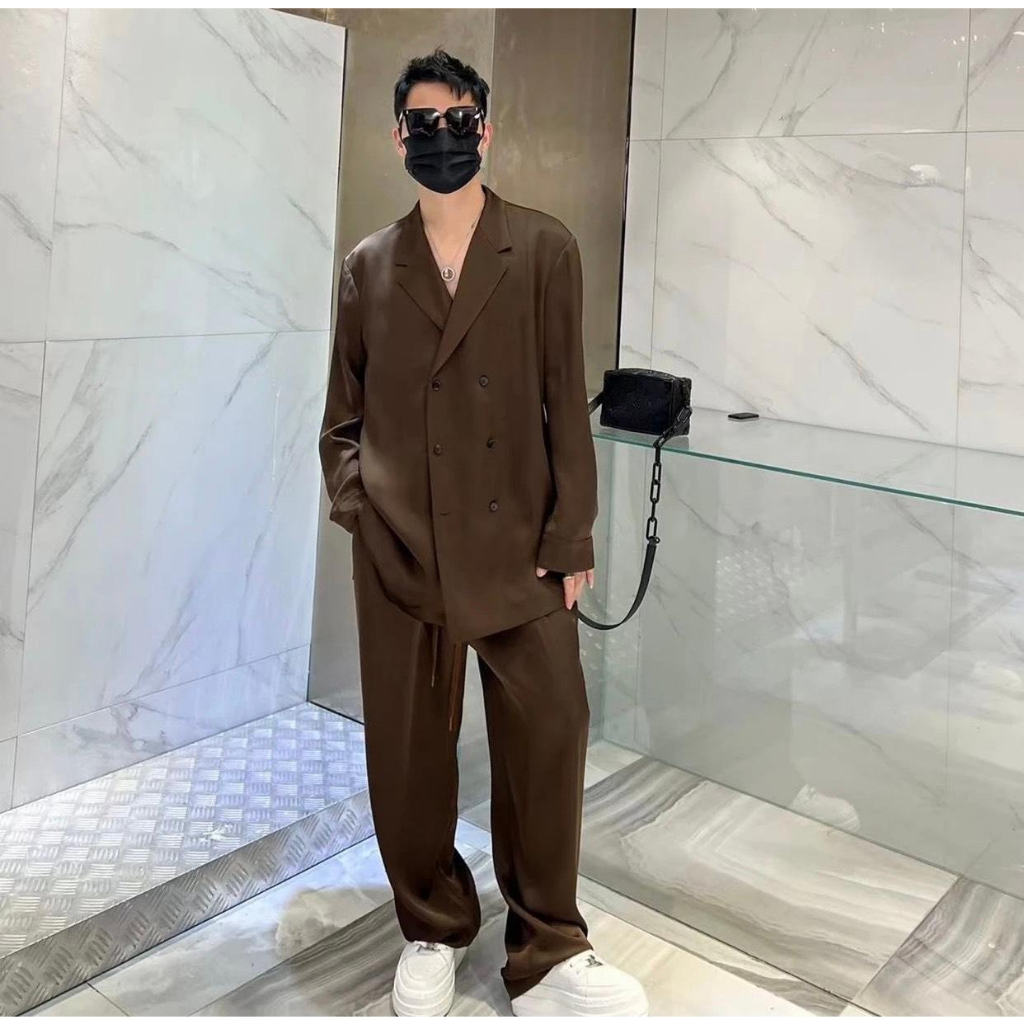 Bộ Vest V.A fashion local brand vãi mango bóng dầy 6 nút Trơn