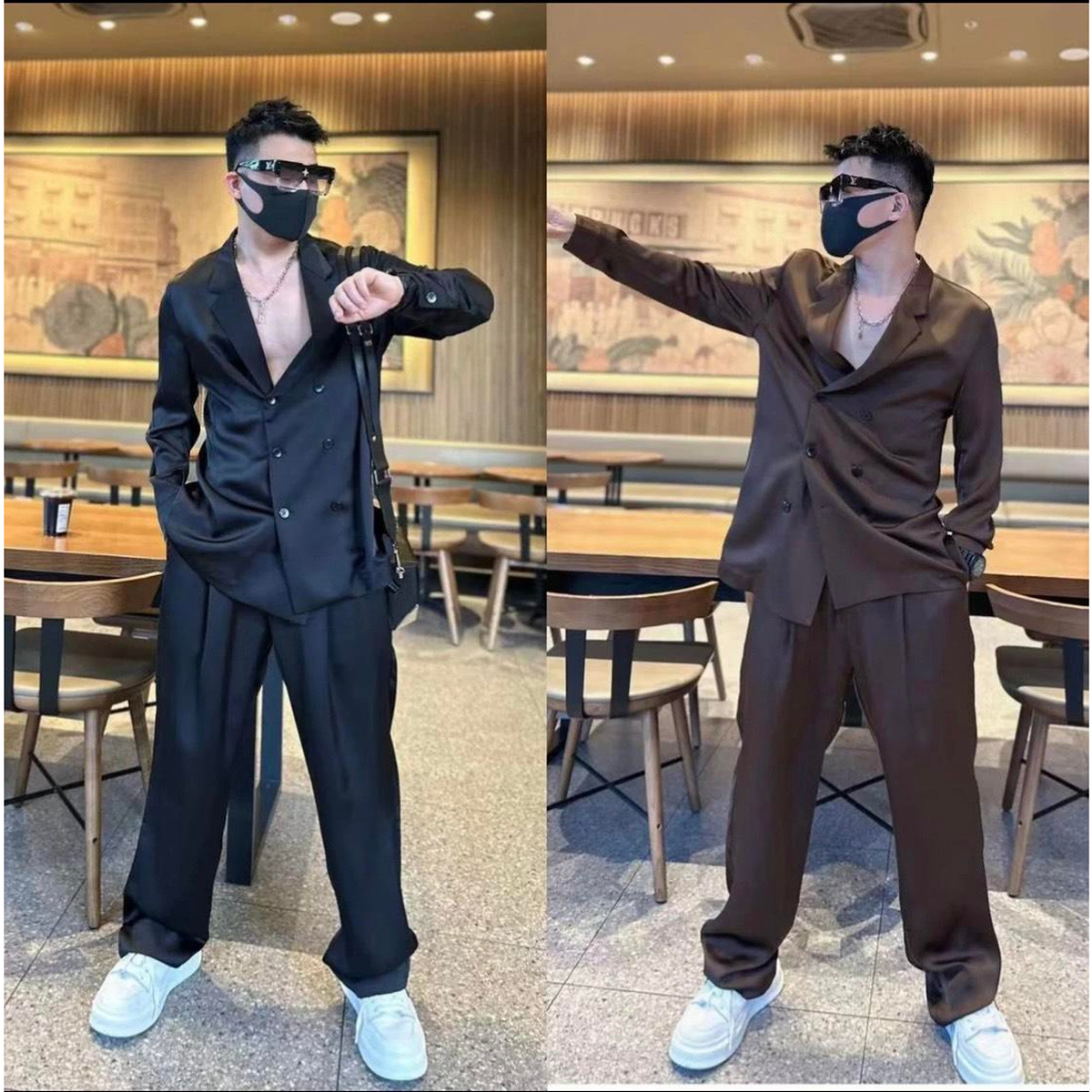 Bộ Vest V.A fashion local brand vãi mango bóng dầy 6 nút Trơn