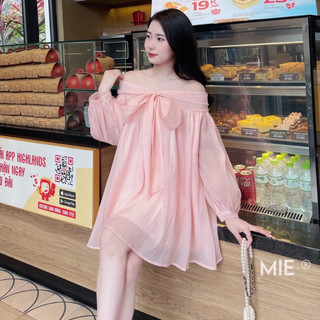 Váy tiểu thư BabyDoll, váy babydoll Thiết kế Nơ, Váy trễ vai tay bồng