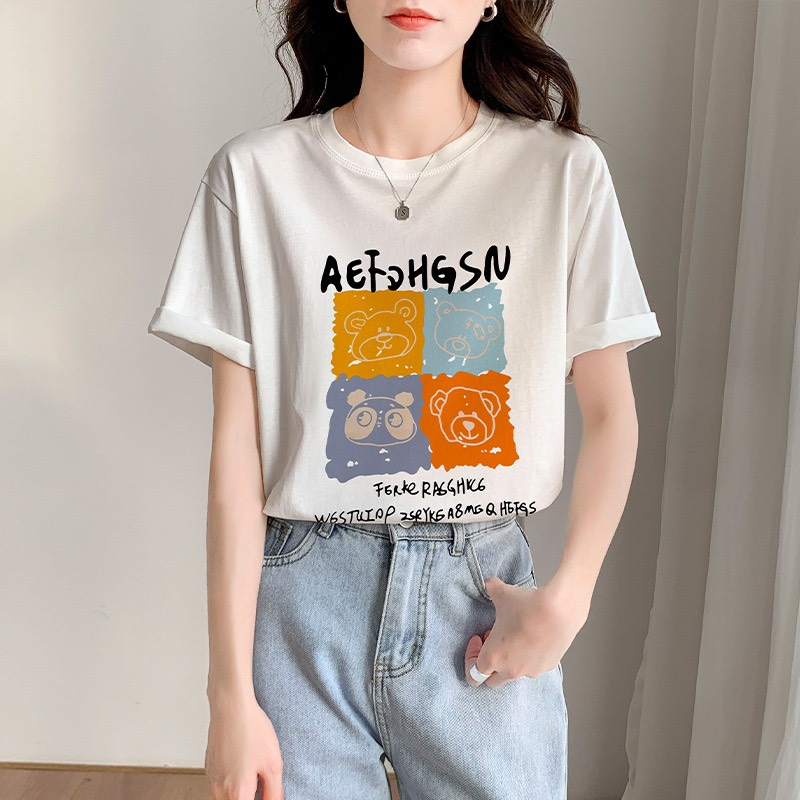 Áo phông nữ tay ngắn cổ tròn thun cotton in hình gấu dễ thương áo thun nữ bán chạy giá rẻ size M, L siêu hot thời trang