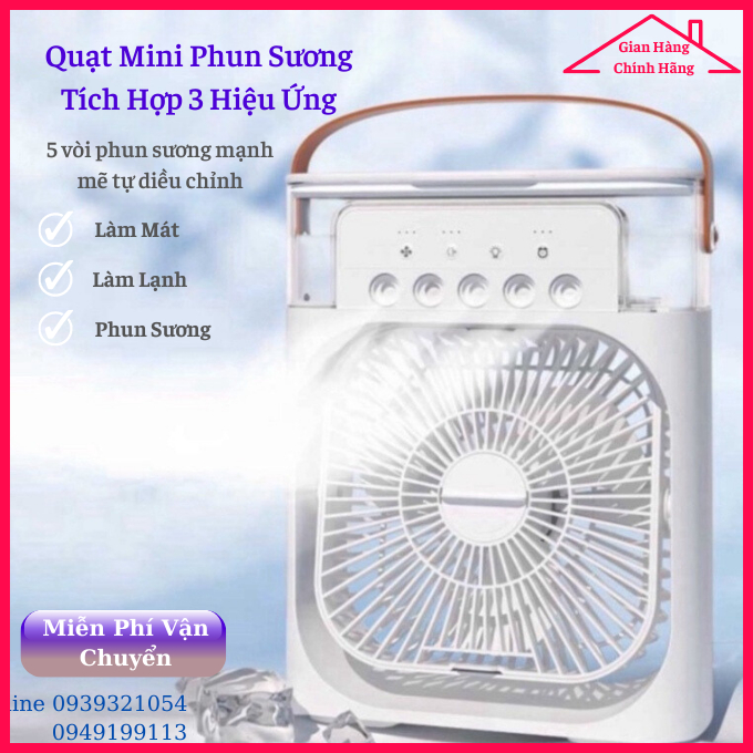 Quạt tích điện mini phun sương, quạt điều hòa hơi nước phun sương, quạt hơi nước tích hợp hẹn giờ và đèn lead 7 màu