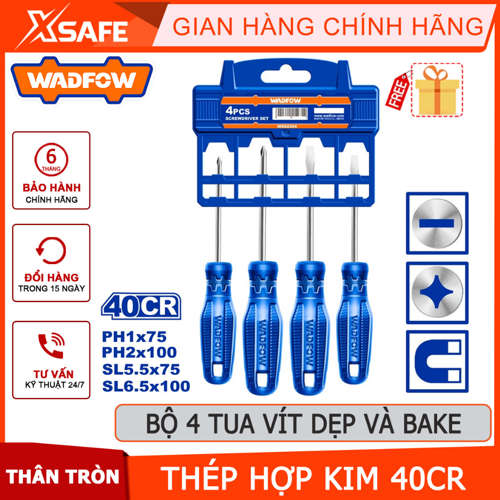 Bộ 4 tua vít dẹp và bake WADFOW WSS2204 chất liệu thép 40CR, đầu vít có từ, thân tròn vừa tay