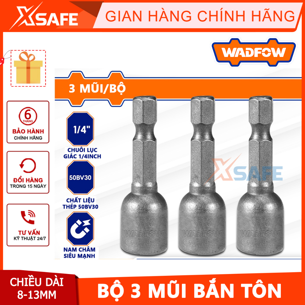 Bộ 3 mũi bắn tôn Wadfow 8-10-12-13mm Chui lục giác 1/4inch Chiều dài: 48mm Chất liệu: 40Cr Có từ tính mạnh chuyển dụng b