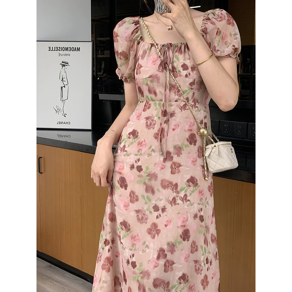 Váy voan hoa cổ vuông tay phồng thon eo xòe dài nhẹ nhàng màu nâu hồng nhẹ nhàng kiểu Pháp vintage