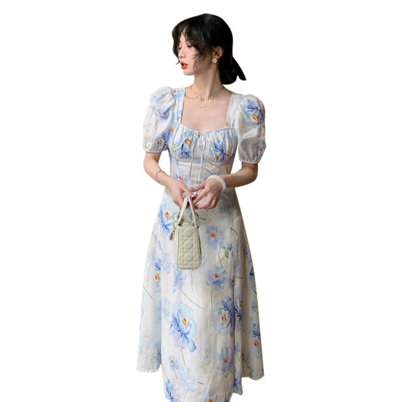 Váy voan hoa xanh tay phồng cổ vuông thắt nơ xòe dài vintage sang trọng tiểu thư kiểu Pháp