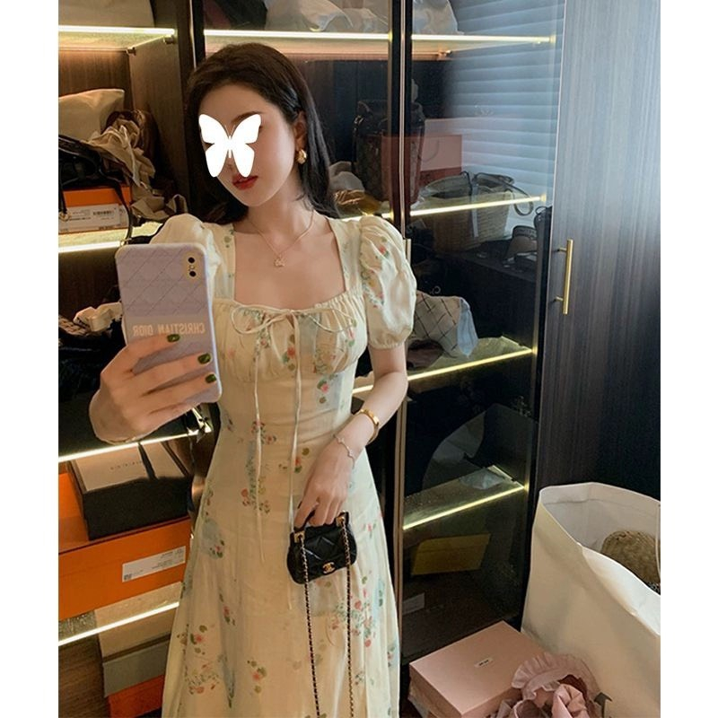 Váy voan hoa xanh tay phồng cổ vuông thắt nơ xòe dài vintage sang trọng tiểu thư kiểu Pháp
