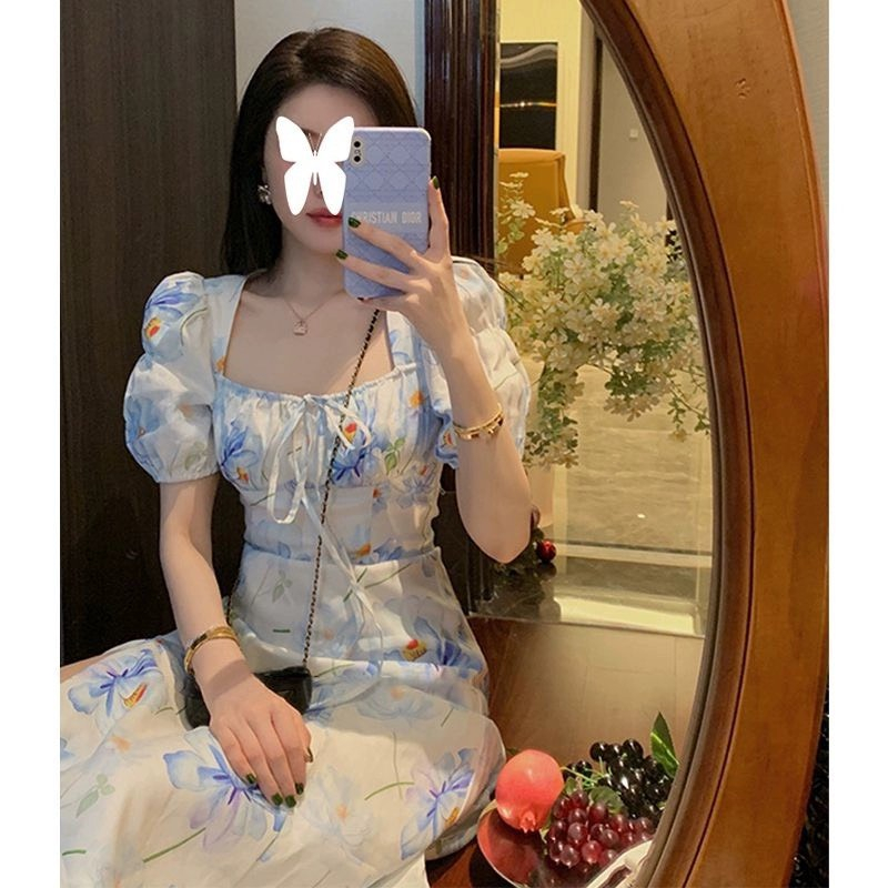 Váy voan hoa xanh tay phồng cổ vuông thắt nơ xòe dài vintage sang trọng tiểu thư kiểu Pháp