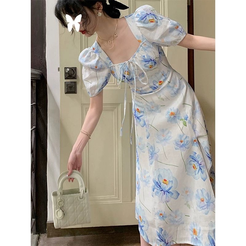 Váy voan hoa xanh tay phồng cổ vuông thắt nơ xòe dài vintage sang trọng tiểu thư kiểu Pháp