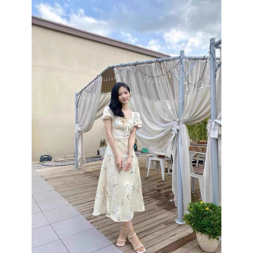 Váy voan hoa xanh tay phồng cổ vuông thắt nơ xòe dài vintage sang trọng tiểu thư kiểu Pháp