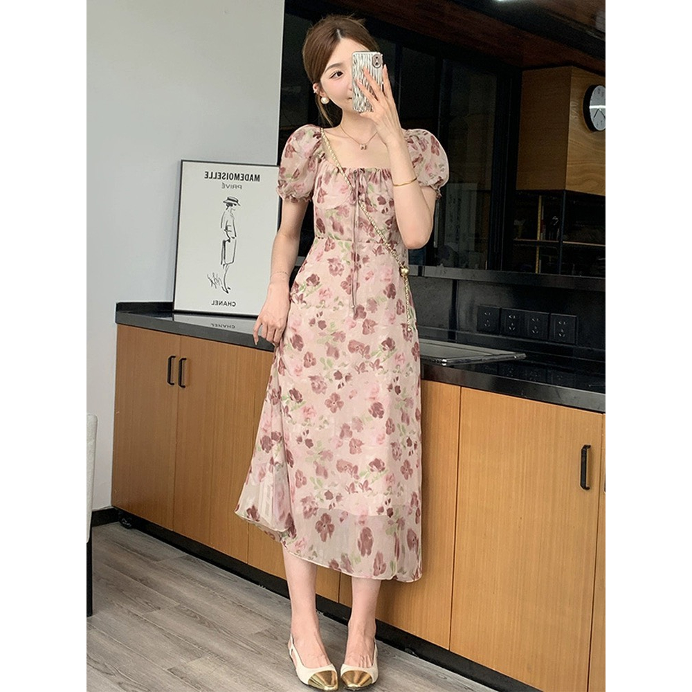 Váy voan hoa cổ vuông tay phồng thon eo xòe dài nhẹ nhàng màu nâu hồng nhẹ nhàng kiểu Pháp vintage
