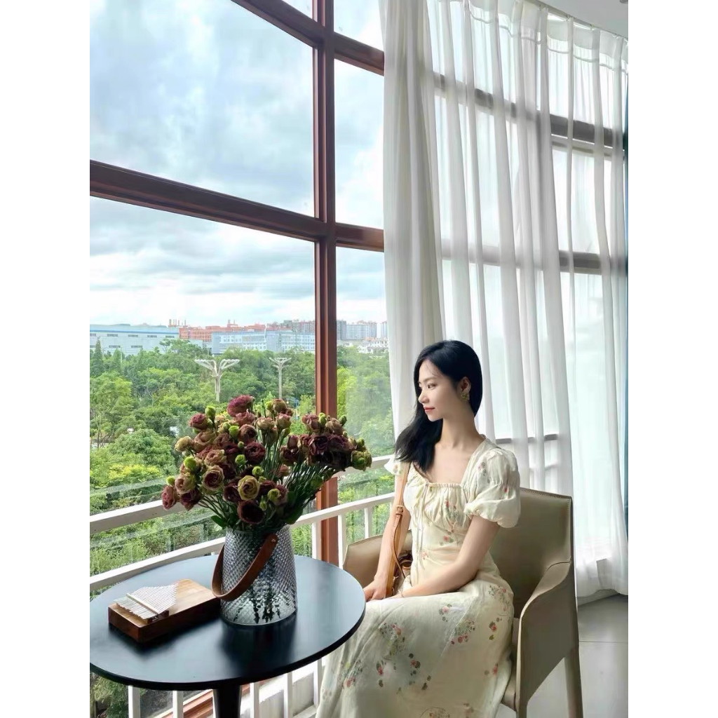 Váy voan hoa xanh tay phồng cổ vuông thắt nơ xòe dài vintage sang trọng tiểu thư kiểu Pháp