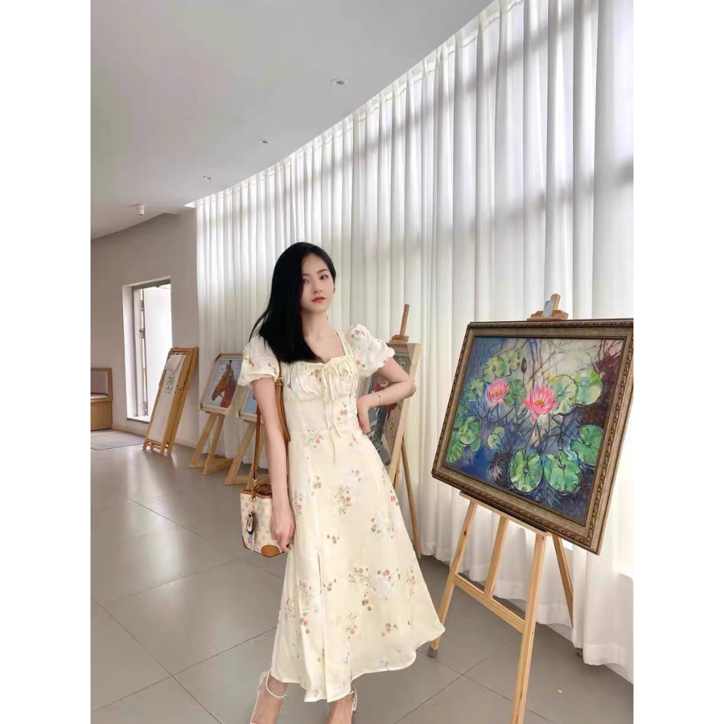 Váy voan hoa xanh tay phồng cổ vuông thắt nơ xòe dài vintage sang trọng tiểu thư kiểu Pháp