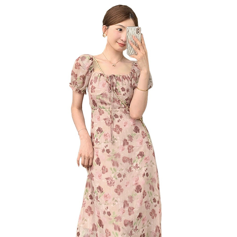 Váy voan hoa cổ vuông tay phồng thon eo xòe dài nhẹ nhàng màu nâu hồng nhẹ nhàng kiểu Pháp vintage