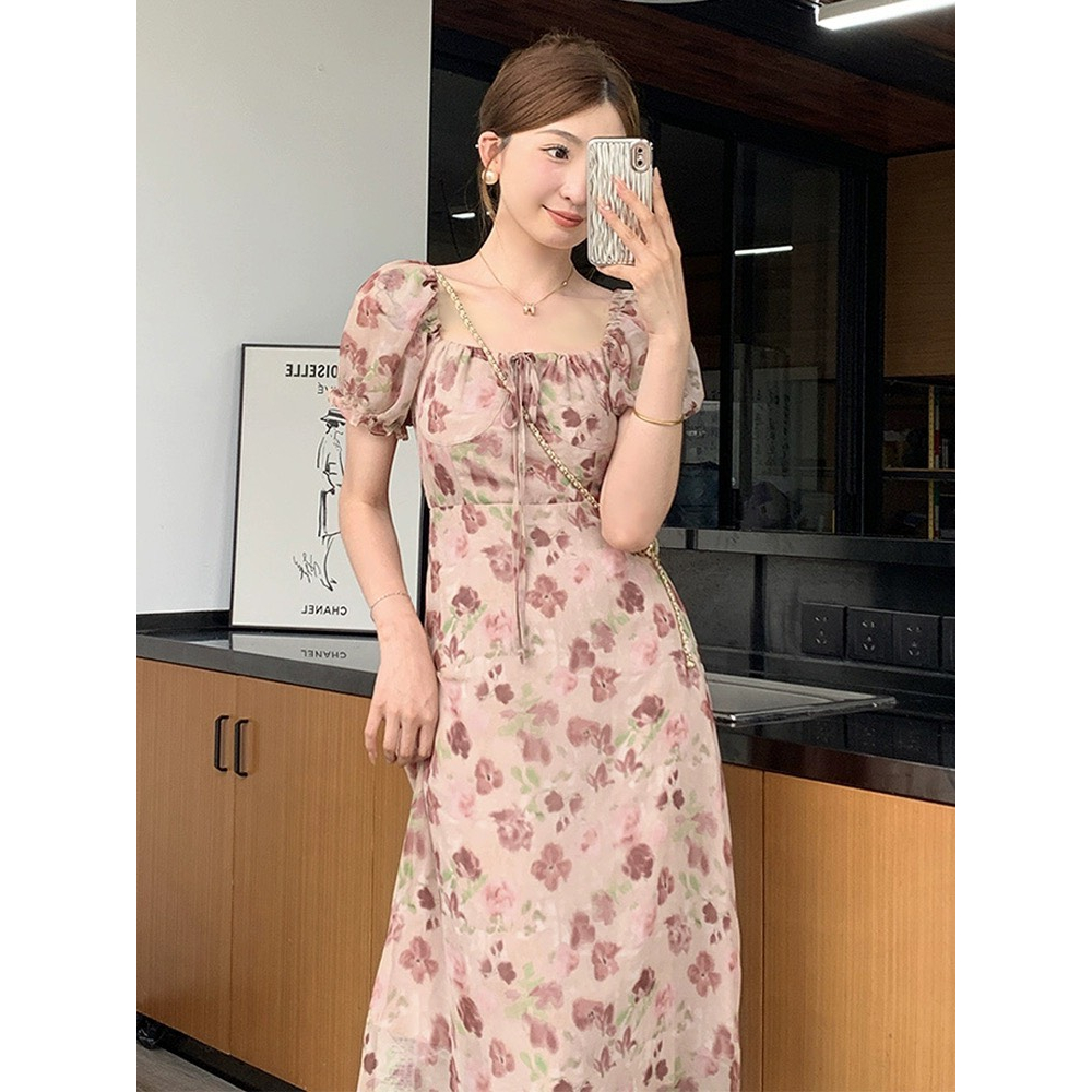 Váy voan hoa cổ vuông tay phồng thon eo xòe dài nhẹ nhàng màu nâu hồng nhẹ nhàng kiểu Pháp vintage