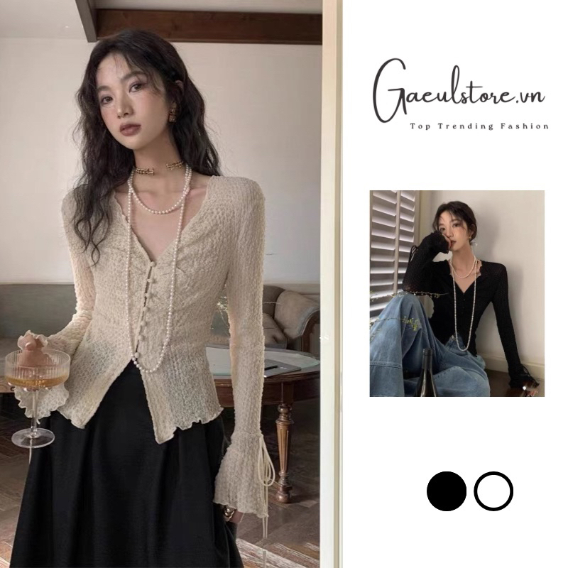 Gaeul store- áo xốp thun hàng khuy bọc kiểu tay loe nơ,co giãn mạnh