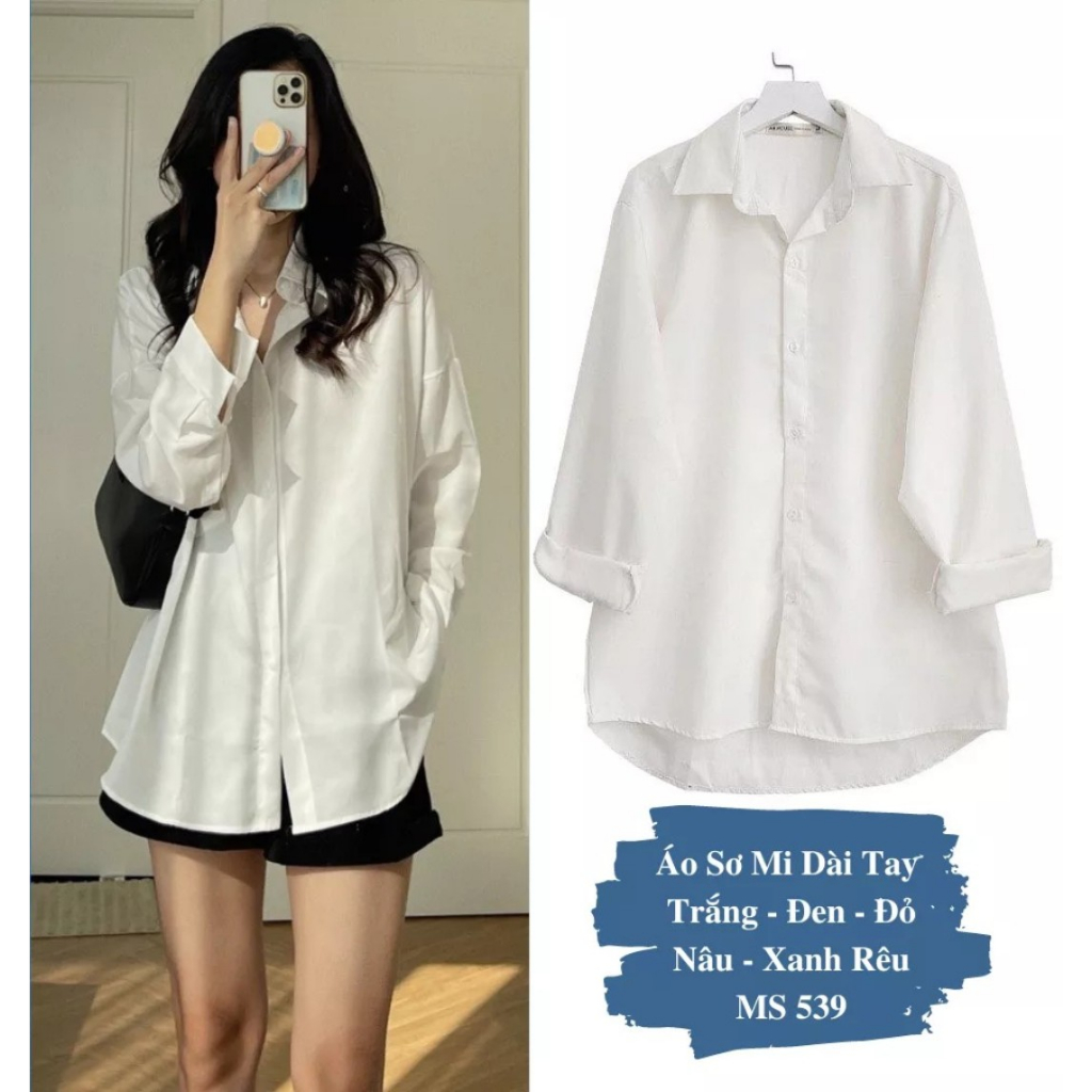 Áo Sơ Mi Nữ Form Rộng Dài Tay Cotton Lụa Hàn Unisex Màu Trắng Đen Đi Học, Đi Làm, Văn Phòng, Công sở Cực Xinh 539