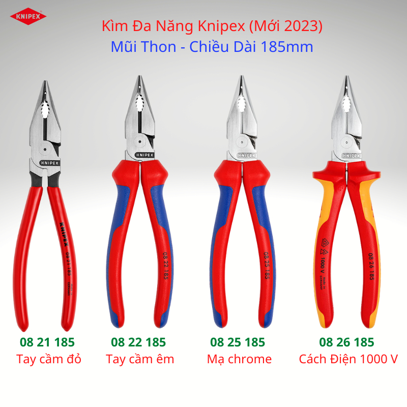 Kìm Đa Năng Mũi Thon Knipex 08 21 185/ 08 22 185/ 08 25 185/ 08 26 185 Lưỡi Cắt 61HRC (Mới 2023)