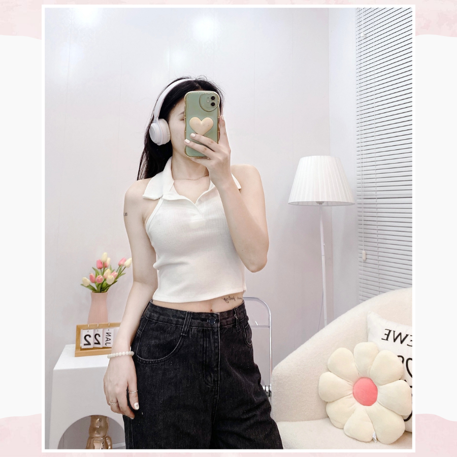 Áo ba lỗ nữ, Áo croptop nữ cổ Polo sát nách kiểu ôm body sexy tank top vải thun co giãn, mặc đi chơi, đi biển CRT67