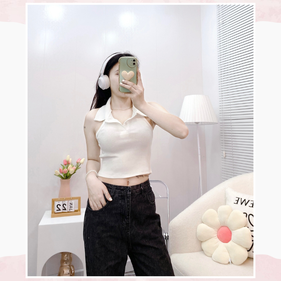 Áo ba lỗ nữ, Áo croptop nữ cổ Polo sát nách kiểu ôm body sexy tank top vải thun co giãn, mặc đi chơi, đi biển CRT67