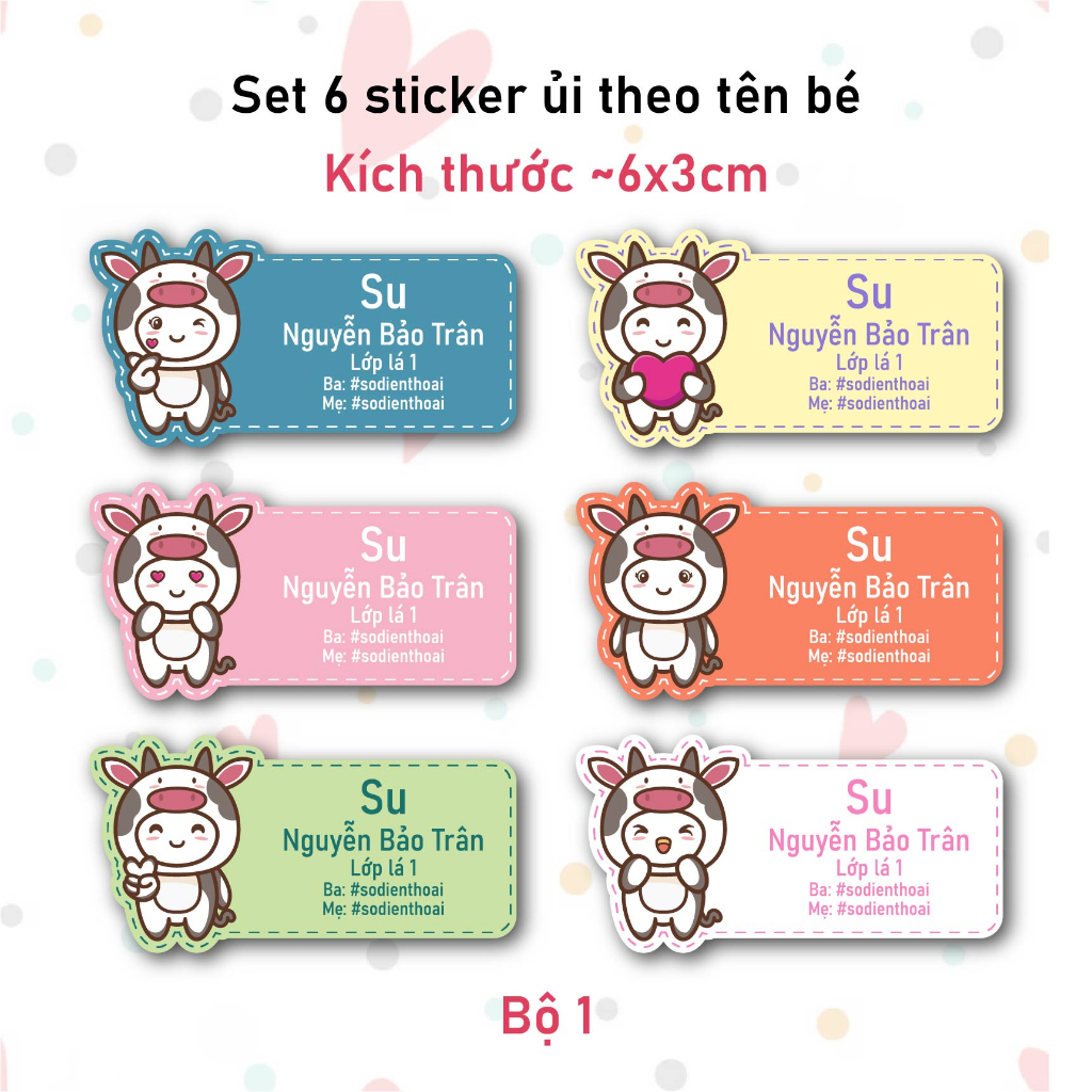 Bộ 6 Sticker Ủi In Tên Bé Mẫu Trang Phục Hình Thú - Sticker Ủi Quần Áo, Ba lô, Chăn Gối Đánh Dấu Đồ Dùng Cá Nhân Cho Bé