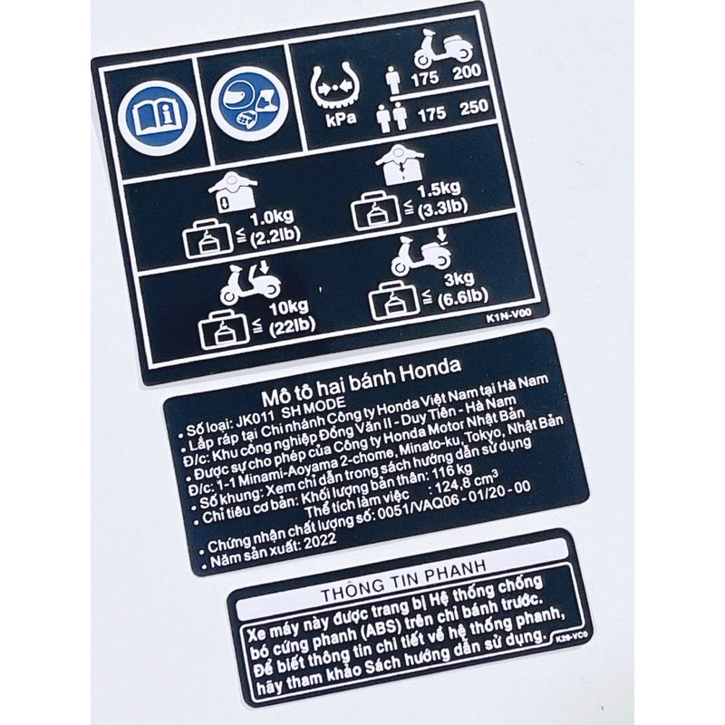 Tem thông số Shmode 2019-2022 thay thế zin, tem thông số SH Mode bộ 3tem có sẵn keo dán
