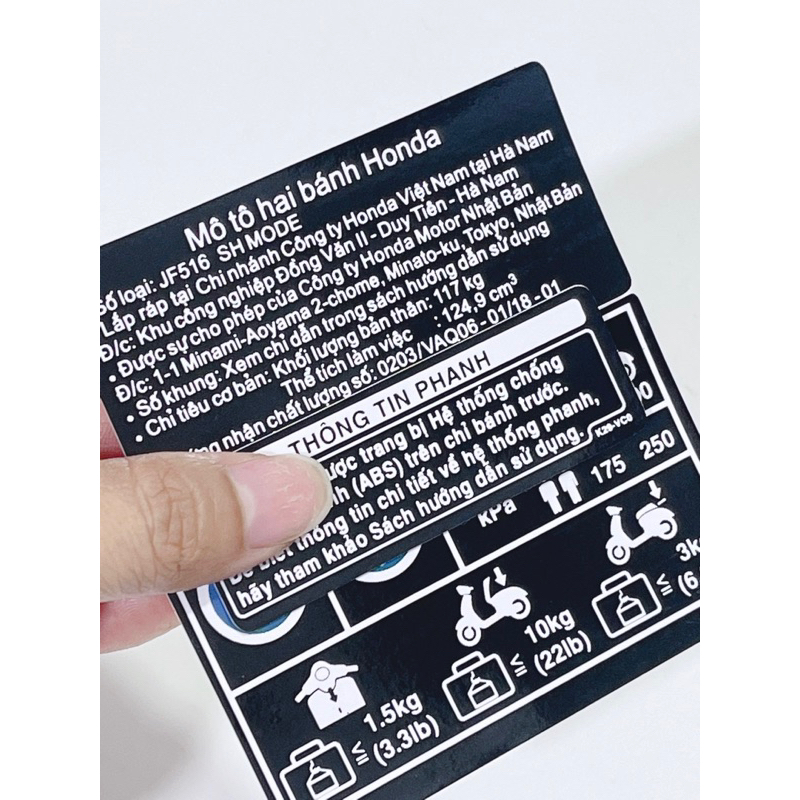 Tem thông số Shmode 2019-2022 thay thế zin, tem thông số SH Mode bộ 3tem có sẵn keo dán