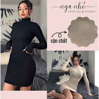 Váy len body nữ cao cổ dáng lửng dài tay cổ lọ hàng Quảng Châu thun Dày