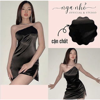 Váy dự tiệc lụa mềm đính đá màu đen dáng ngắn ôm sang chảnh