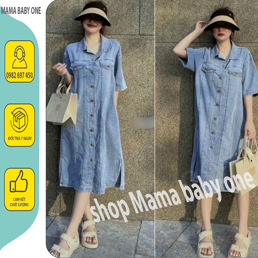 ĐẦM BẦU JEANS DÁNG SƠ MI SUÔNG CÓ TÚI NẮP - VÁY BẦU CÔNG SỞ BABYDOLL FREE SIZE PHONG CÁCH TRẺ....