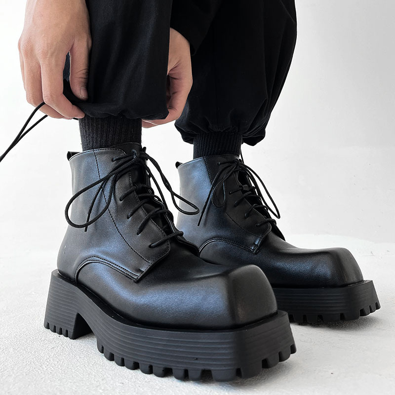 Giày Chunky Boots mũi vuông, Giày Boots nam HOMME dây buộc đế đúc 6cm tăng chiều cao