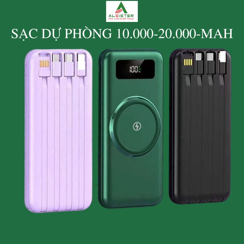 Sạc dự phòng Aleister  20000mAh, kèm 4 dây sạc gắn liền sạc nhiều thiết bị cùng 1 lúc , màn hình led,ful dung lượng