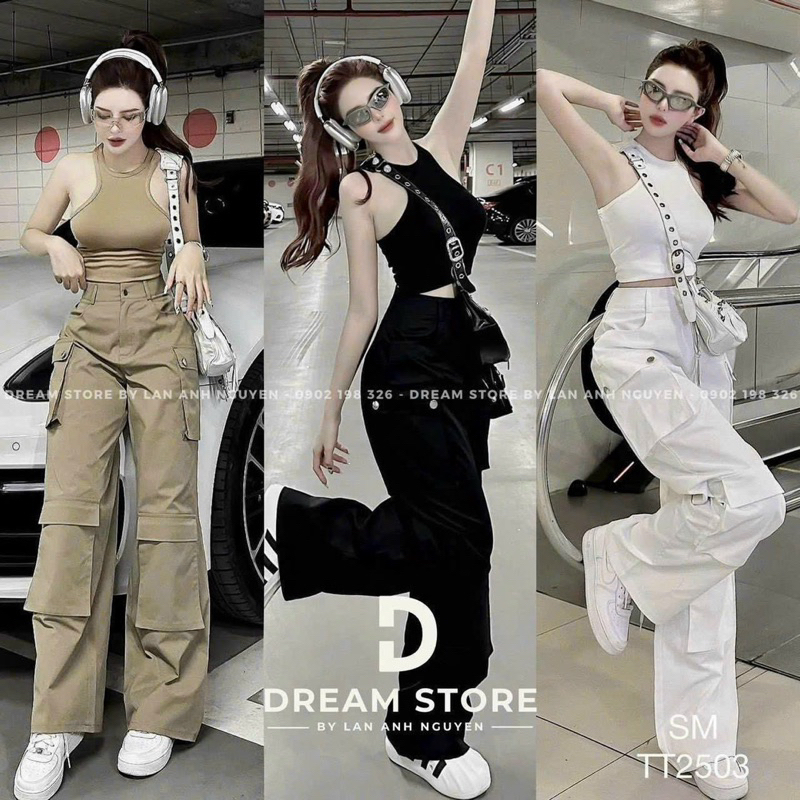 Set Áo 3 Lỗ Khoét Croptop + Quần Kaki Ống Xuông Túi Hộp