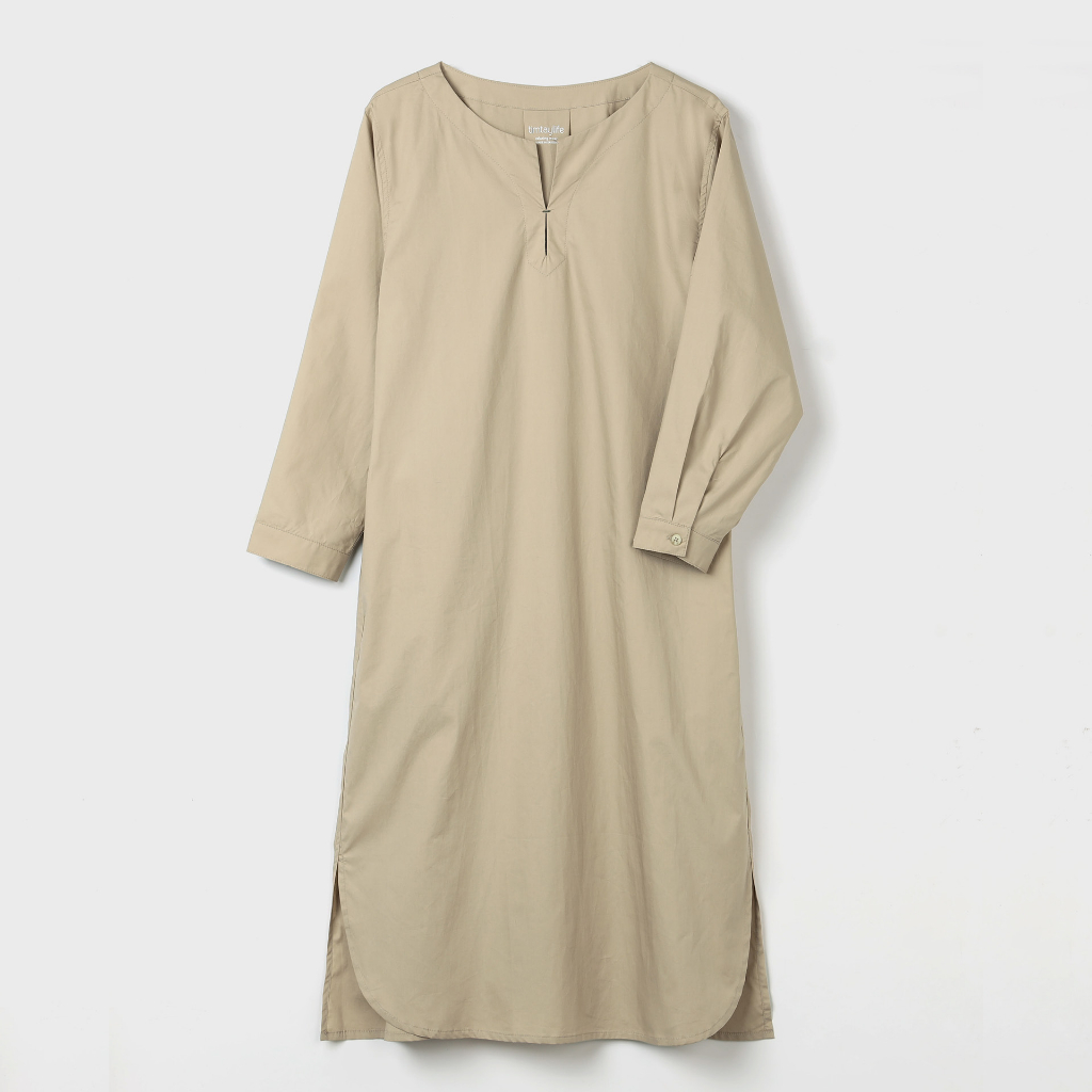 TimTay Đầm Cổ Tròn Dài Tay Dáng A Vạt Bầu 100% Cotton Poplin - Màu Beige/ Be