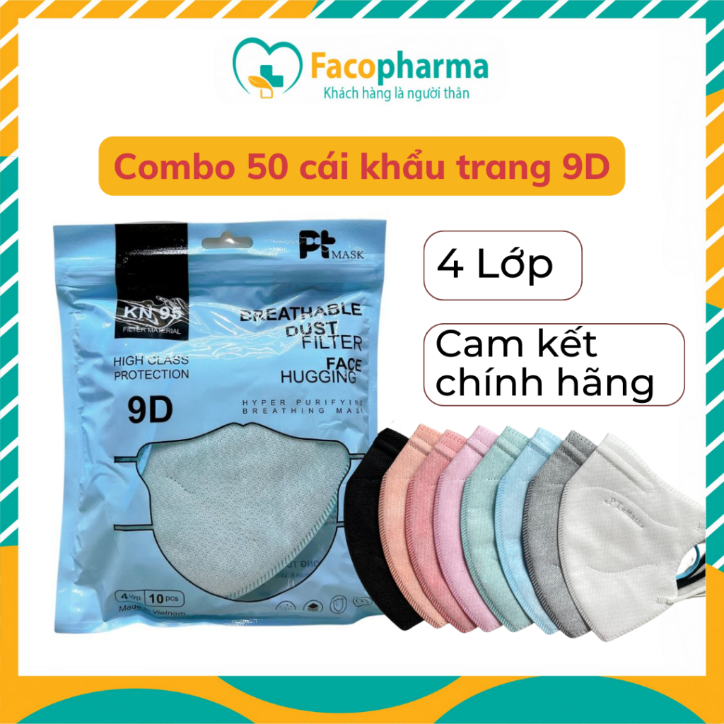 Combo 50 cái khẩu trang 9d pt mask chống bụi kháng khuẩn với 4 lớp cao cấp nhiều màu sắc dùng cho cả nam và nữ x5PT9DO