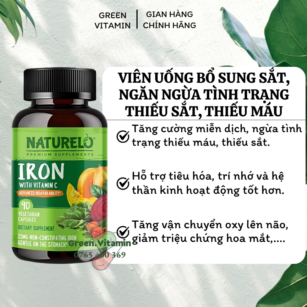 Viên sắt hữu cơ, ngăn ngừa tình trạng thiếu sắt, thiếu máu Naturelo Vegan Iron With Vitamin C 90 viên