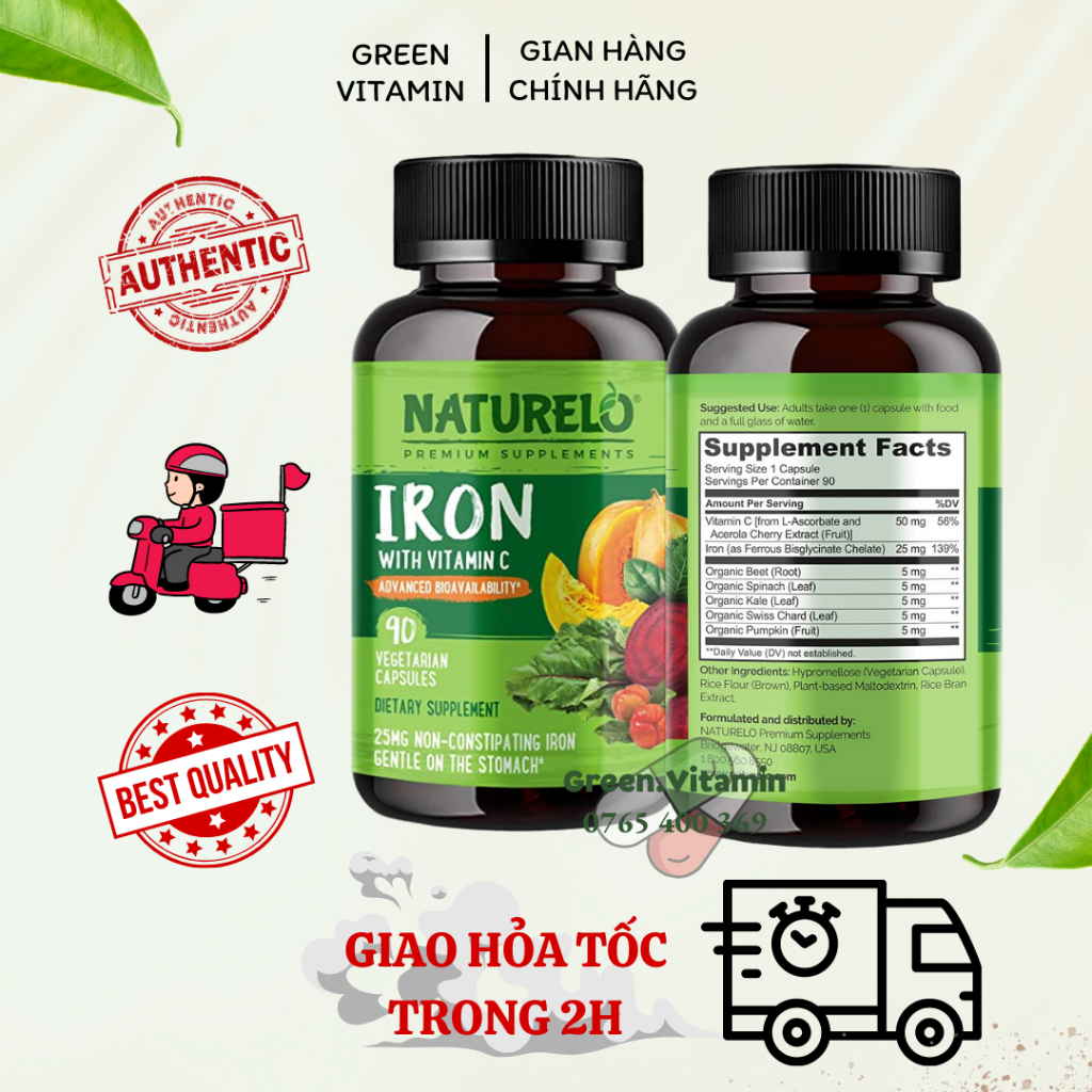 Viên sắt hữu cơ, ngăn ngừa tình trạng thiếu sắt, thiếu máu Naturelo Vegan Iron With Vitamin C 90 viên