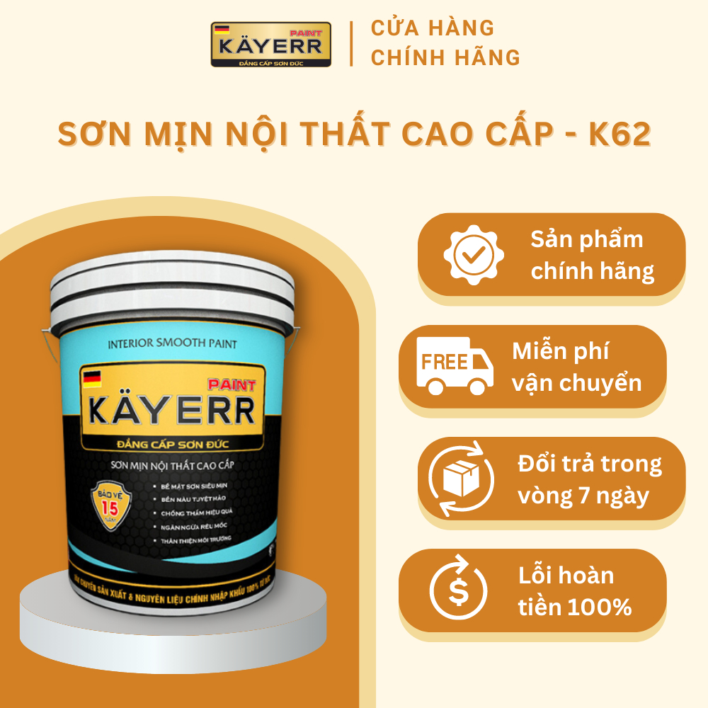 Sơn mịn nội thất cao cấp KAYERR K62 5 lít nhiều màu nhẵn mịn che lấp khe nứt hiệu quả an toàn dễ sử dụng