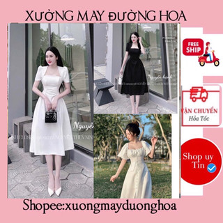 Váy trắng cổ vuông tay bồng siêu xinh