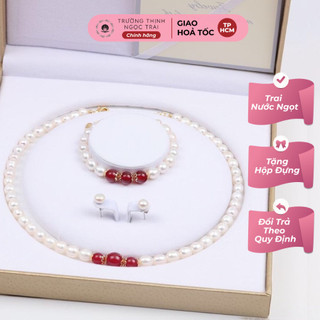 Bộ Trang Sức Ngọc Trai Mix Đá Đỏ 9ly Sang Trọng, Thanh Lịch Làm Quà Tặng, Dự Tiệc - Ngọc Trai Trường Thịnh