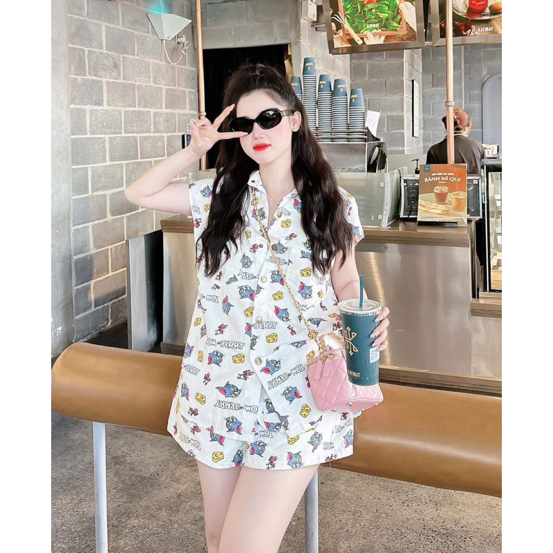 Set jean áo sơ mi quần short hoạ tiết TOM&JERRY